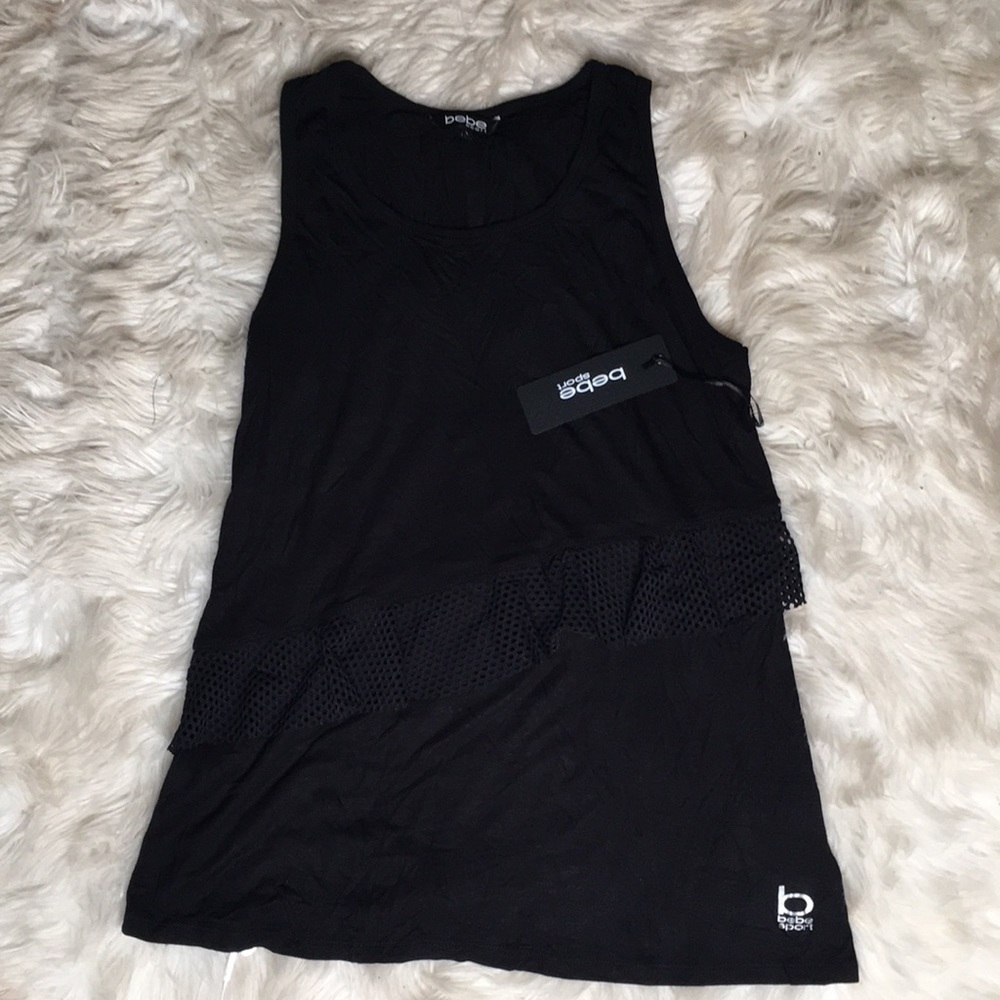 Bebe Sport Women’s black tank top w/mesh ruffle